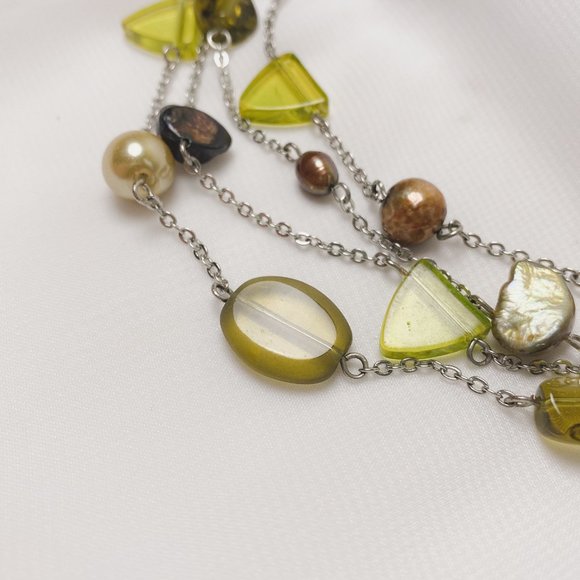 Olive Green Brown Natural Pearl Glass Beaded Silver Chain Layered Necklace - Picture 6 of 11
